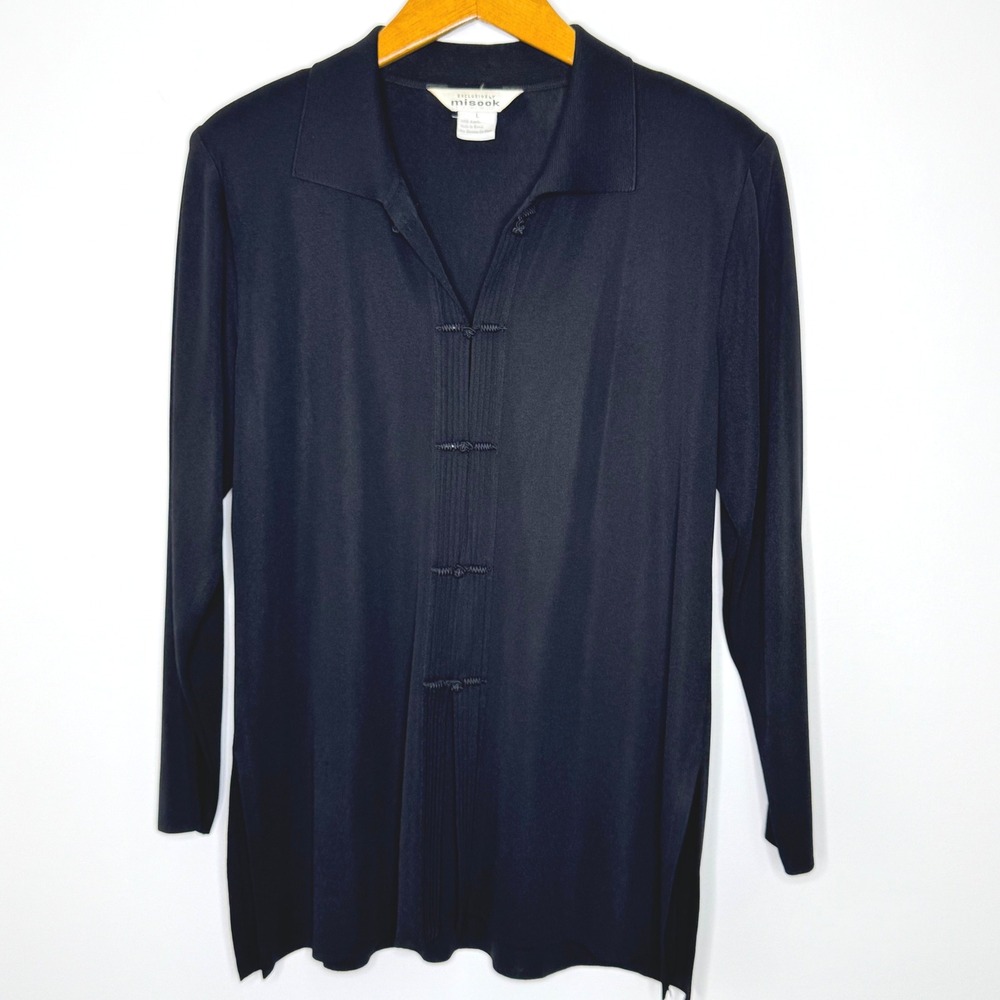 Misook Black Cardigan knotted asian style buttons Large